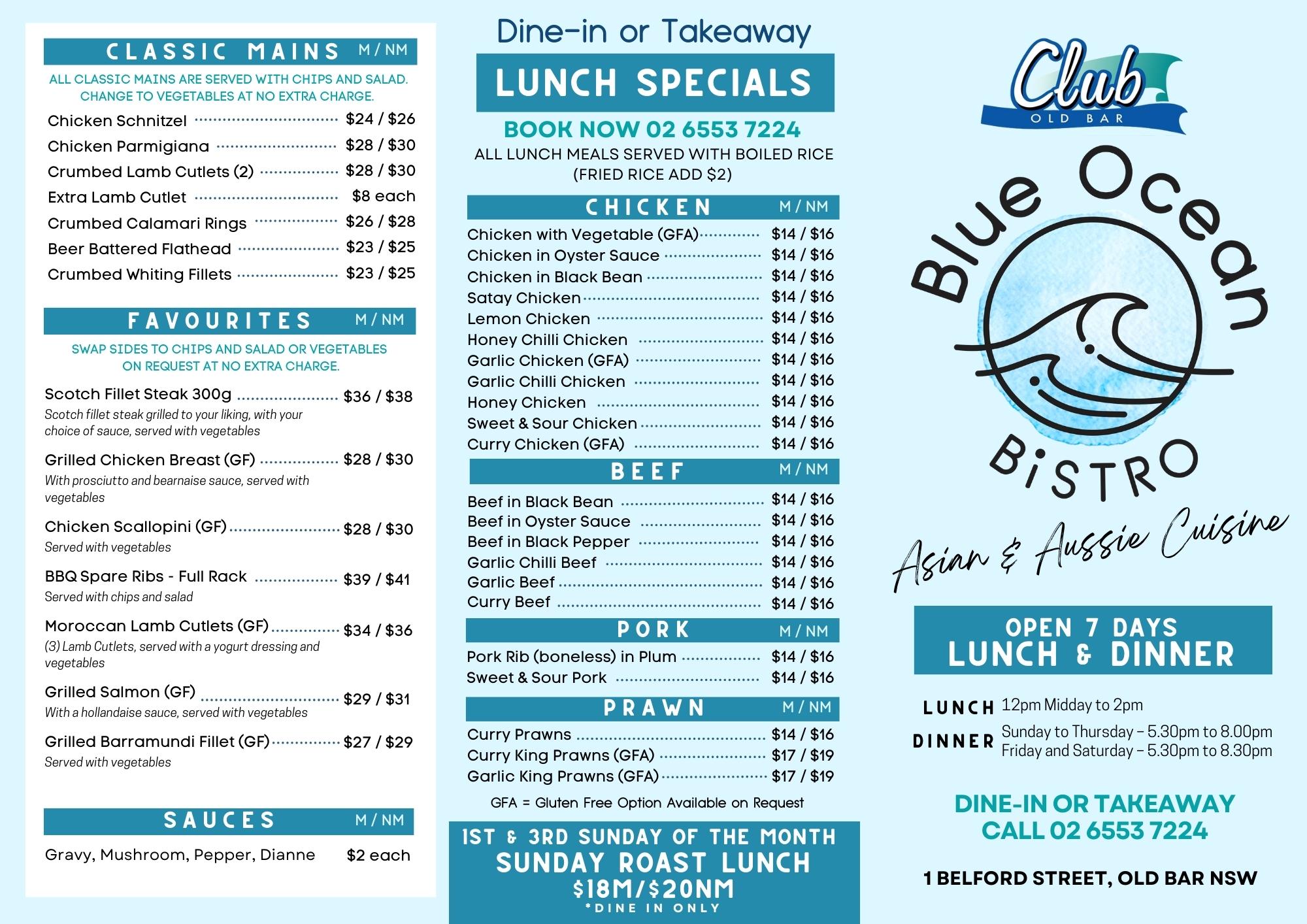 Blue Ocean Bistro Club Old Bar Taree West Bowling Club   Blue Ocean Bistro Menu Club Old Bar Brochure 1 